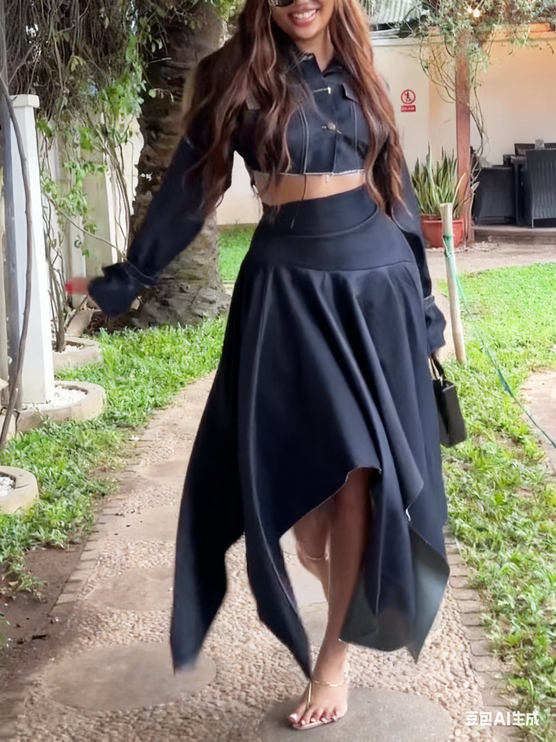 Chic Long-sleeved Cropped Jacket & Irregular Hem Denim Skirt Set