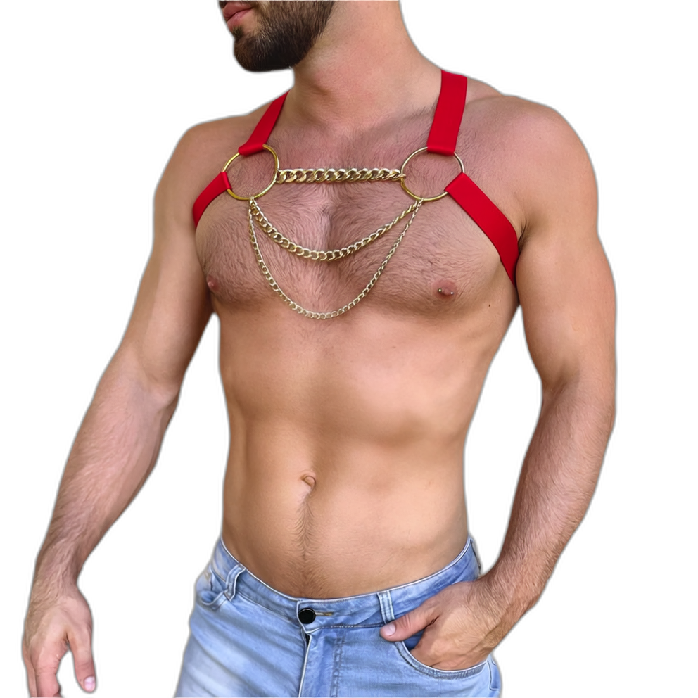Elastic Chest Harness with Gold Chains