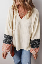 Floral Patchwork V-Neck Lace-Up Knit Blouse Women UK