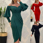 Women's Strapless Halter Neck Lantern-sleeve Waist Cinching Pleated Dress