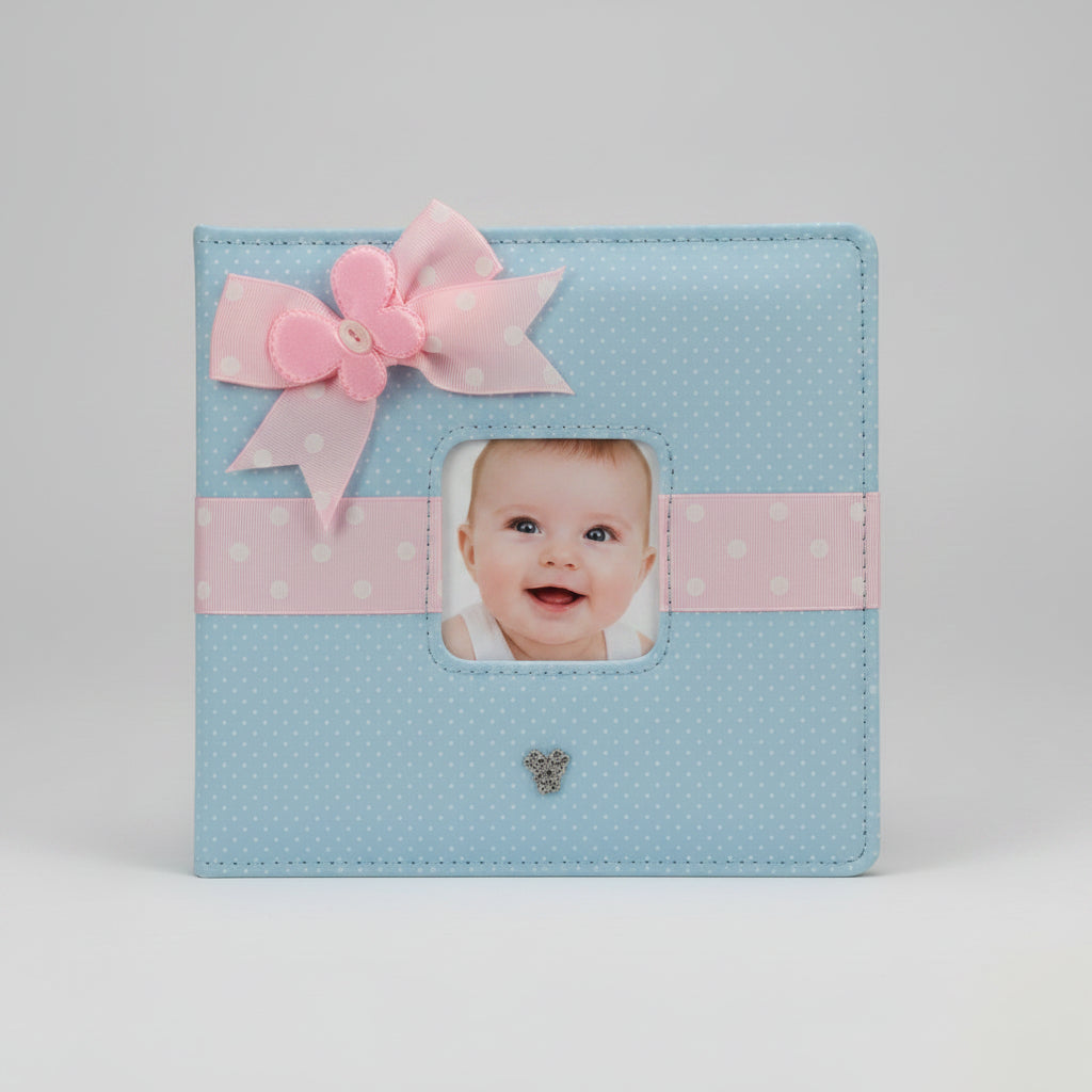baby photo album blue polkadot and ribon front