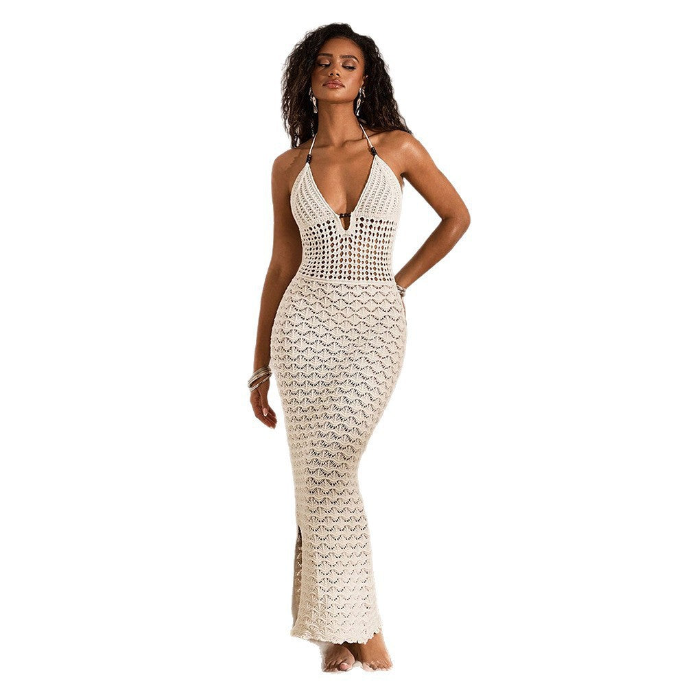 V-neck Knitted Cutout Beach Dress Bikini Swimsuit One-piece Dress