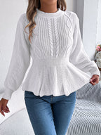 Women Solid Color Cable Knit Cinched Waist Ruffled Long Sleeve Pullover Sweater