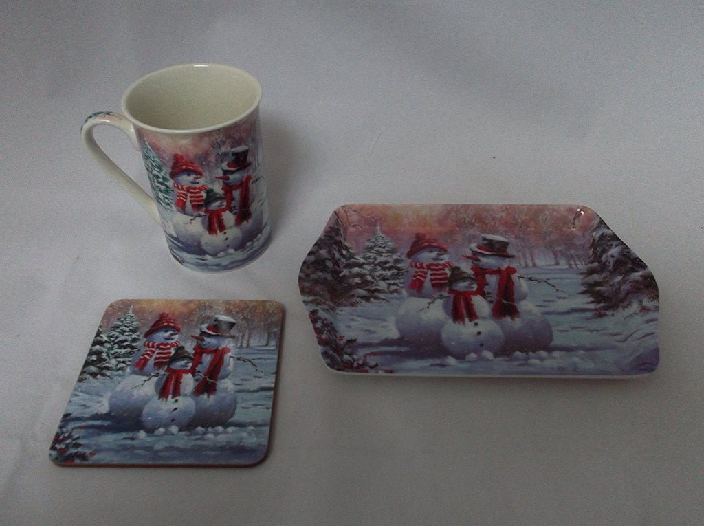 Christmas Snowman fine bone china set includes - mug coaster & tray