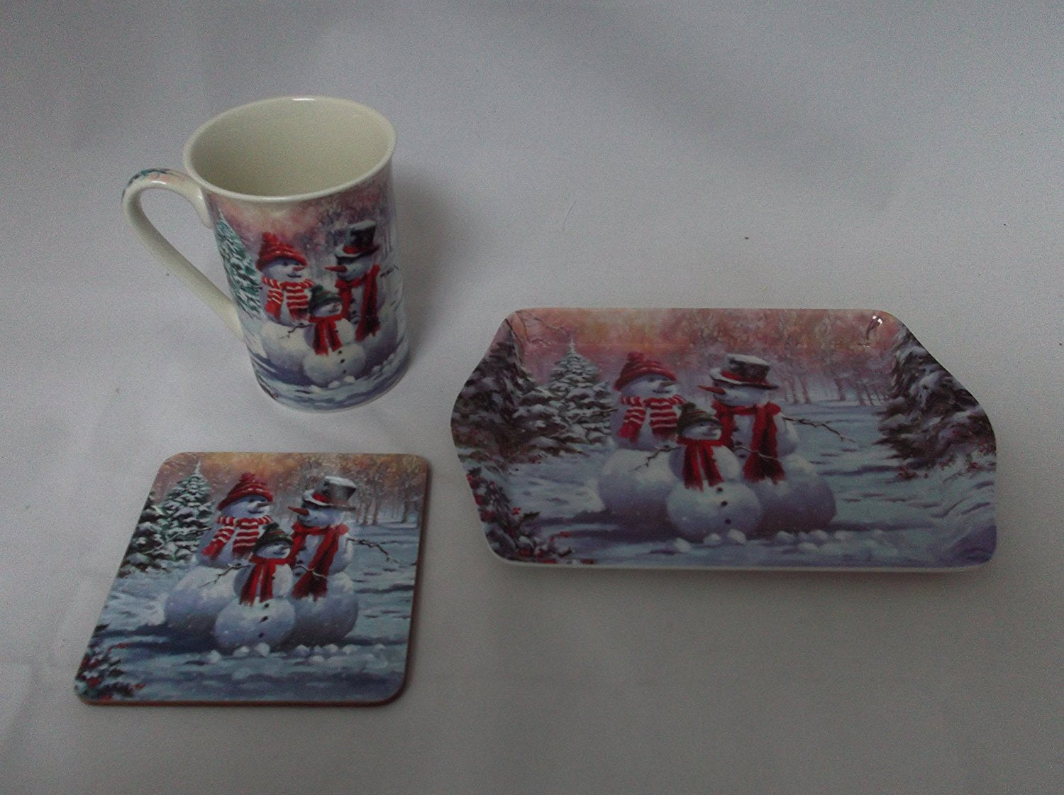 Christmas Snowman fine bone china set includes - mug coaster & tray
