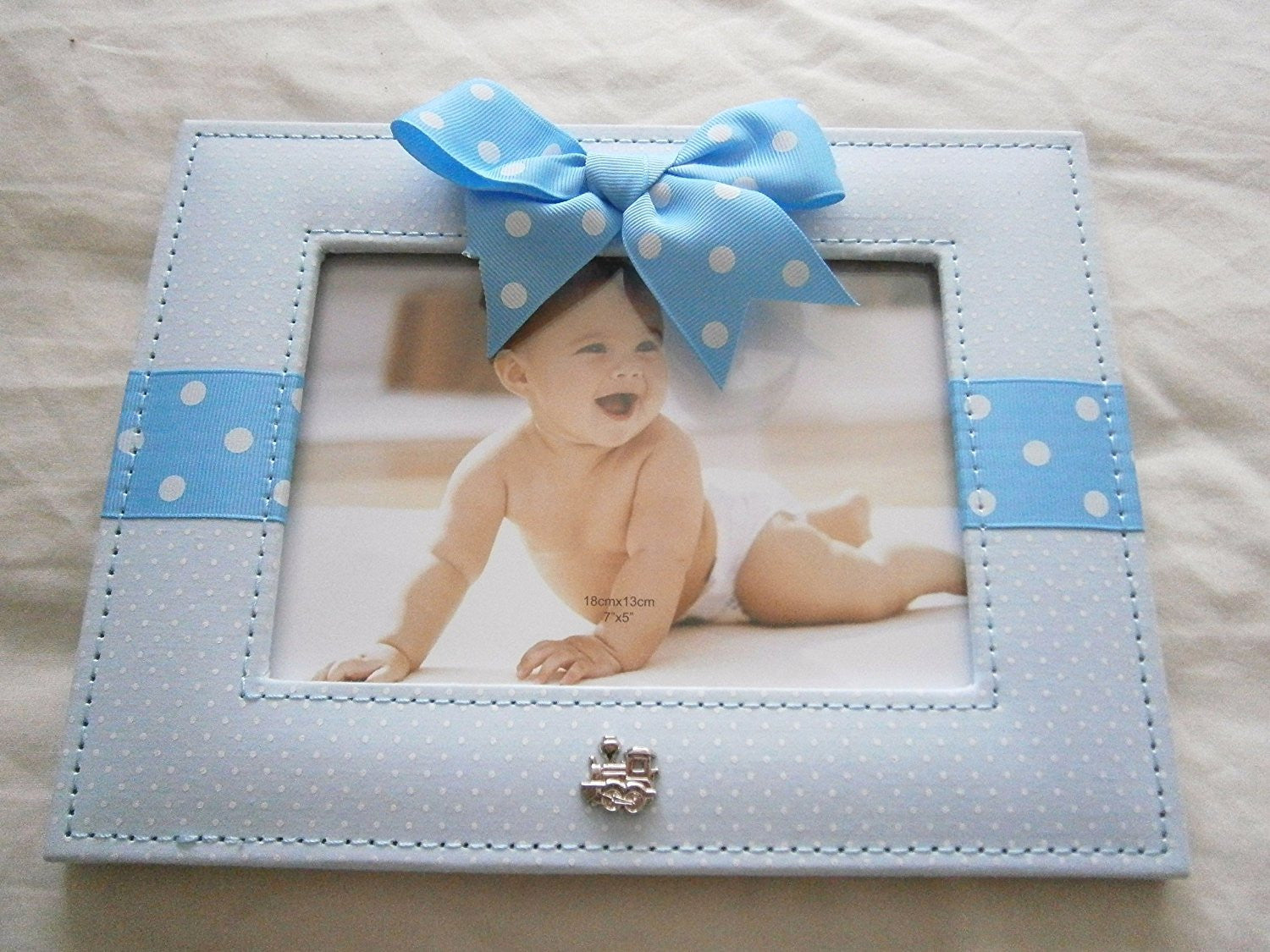 Blue and White Polka Dot and Ribbon Baby Boy 5"x7" Photo Frame