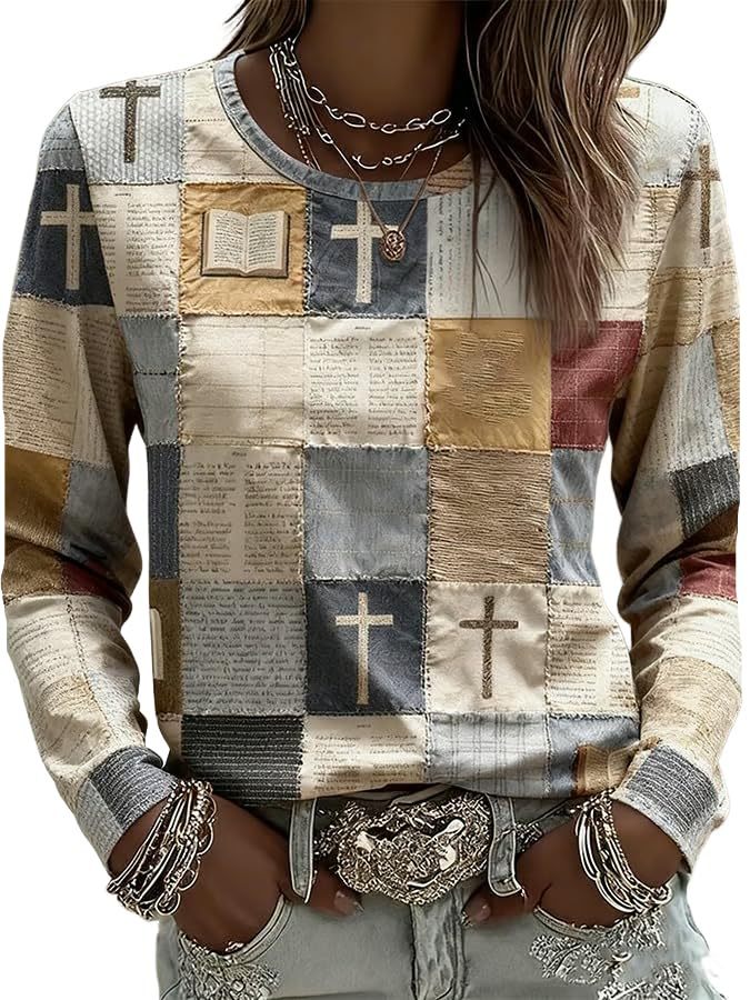 AutumnWinter Womens New Plaid Print Crew Neck Sweatshirt