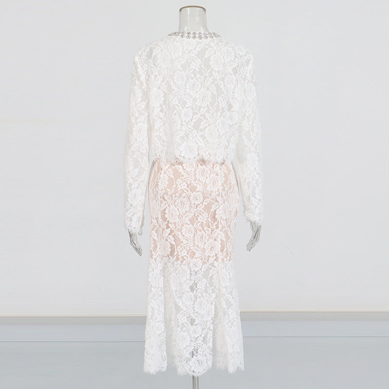 Round Neck Diamond Lace Embroidered Top High Waist Skirt Suit