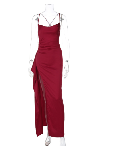 New solid color sexy waist slit halter thin summer dress