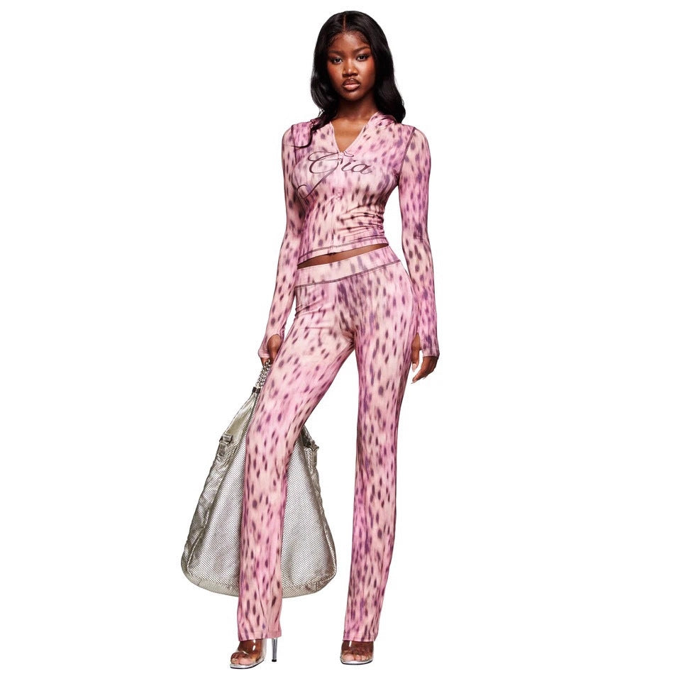 Fashionable Printed Casual Leopard-Print Zippered Long-Sleeve Jacket And Pants Set