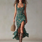 Retro Ruffle-Trimmed Sleeveless Slip Dress With High Side Slit
