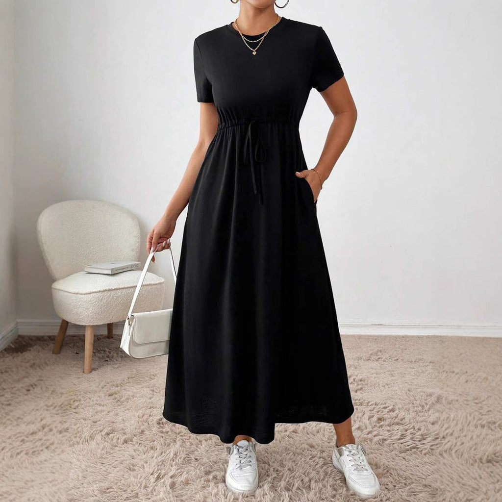 Women's Solid-Colored Short-Sleeve Drawstring Dress With Side Pockets