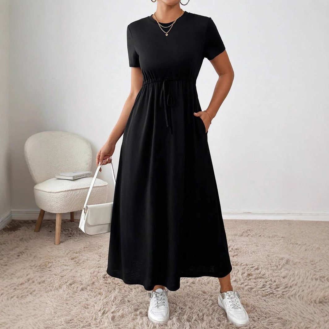 Women's Solid-Colored Short-Sleeve Drawstring Dress With Side Pockets