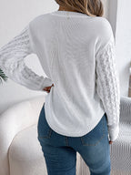 Women Casual Solid Color Cable Knit Lantern Sleeve Irregular Pullover Sweater