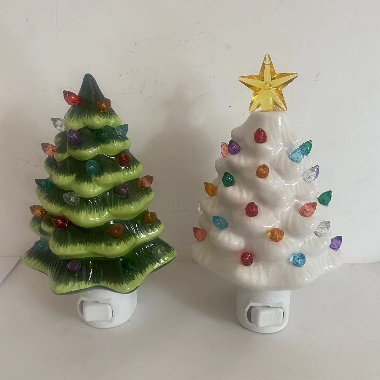 Ceramic Christmas Tree Night Lamp - Elegant Wall Plug Light in White & Green