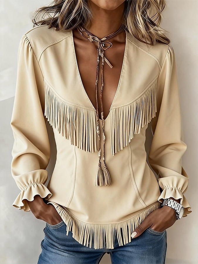 Women's Casual V-Neck Knitted Solid-Color Tassel Jacket