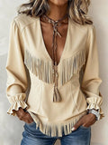 Women's Casual V-Neck Knitted Solid-Color Tassel Jacket