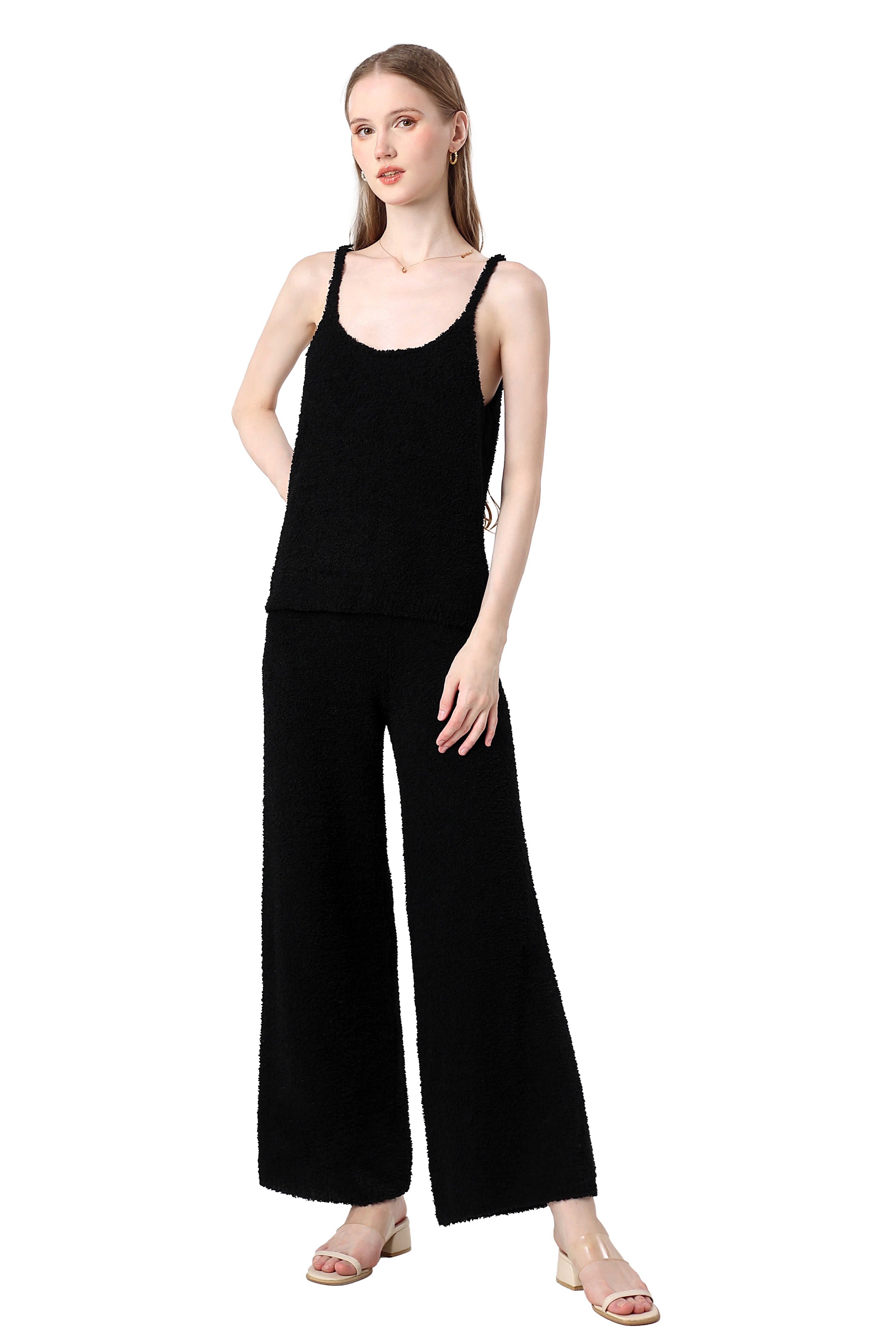 Women's Plush Two-piece Jumpsuit, Short-sleeved Bandeau Top, Wide-leg Pants, Eye-catching Outfit