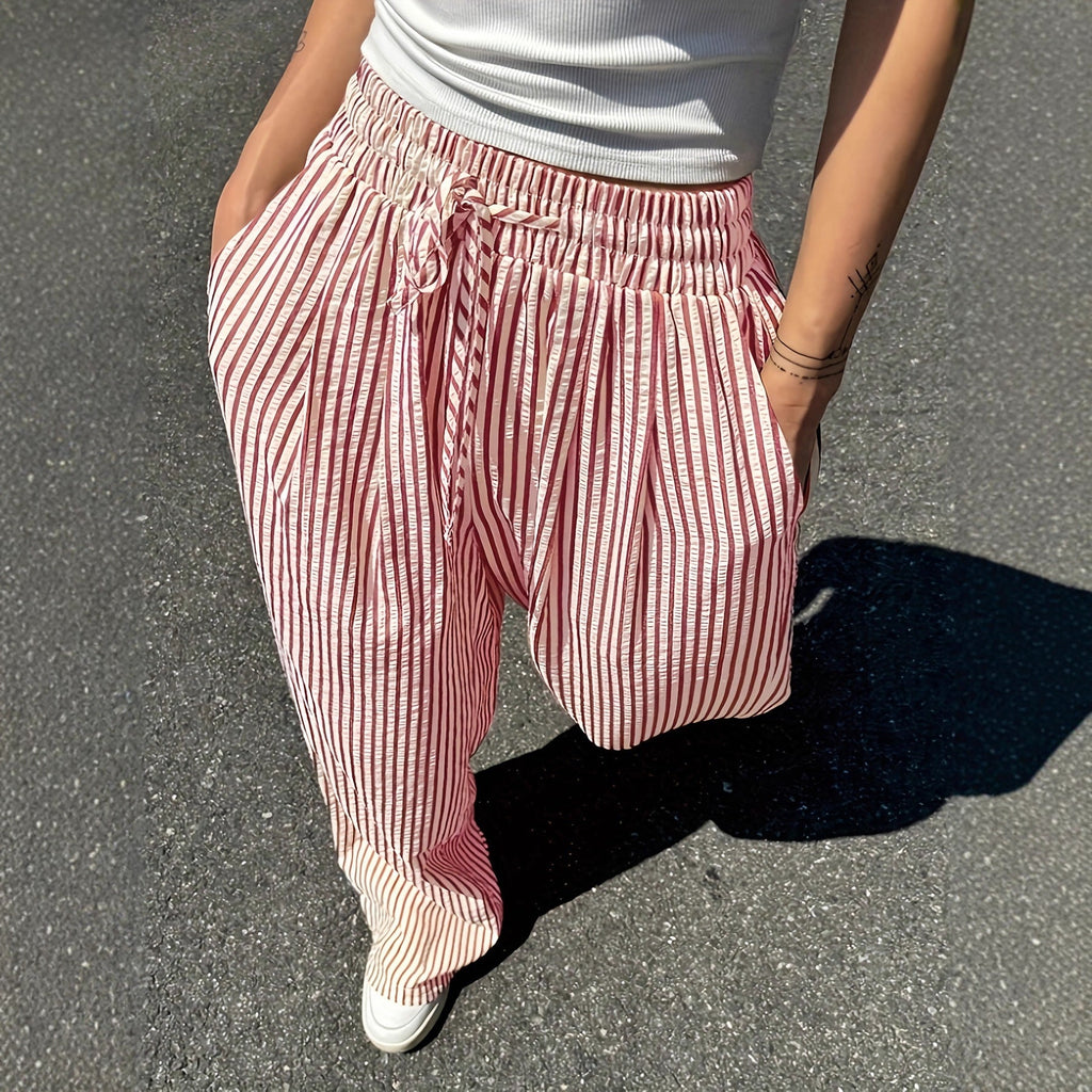 Women's Striped Casual Loose Everyday Commuter Pants With Pockets And Drawstrings For Spring Summer And Autumn