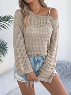Women Off-Shoulder Hollow Out Long Sleeve Knit Cardigan Sweater