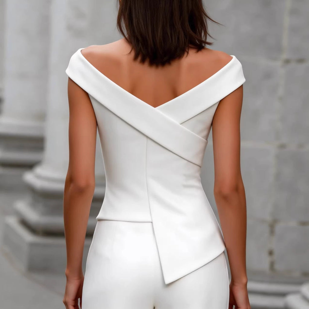 Womens Solid-Color Fashion Off-Shoulder Cross V-Neck Asymmetrical Top