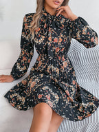 Women's Elegant Floral Tie-Waist Long Sleeve Pleated Maxi Dress