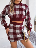 Women Casual Color Block Plaid Long Sleeve Cropped Sweater & Skirt Set