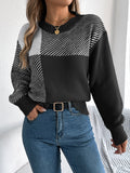 Women Casual Color Block Plaid Long Sleeve Pullover Sweater