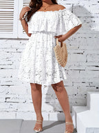 Women's Bohemian Off-Shoulder Lace Dress - Summer Vacation Beach Dress with Ruffled Short Sleeves & High-Low Hem