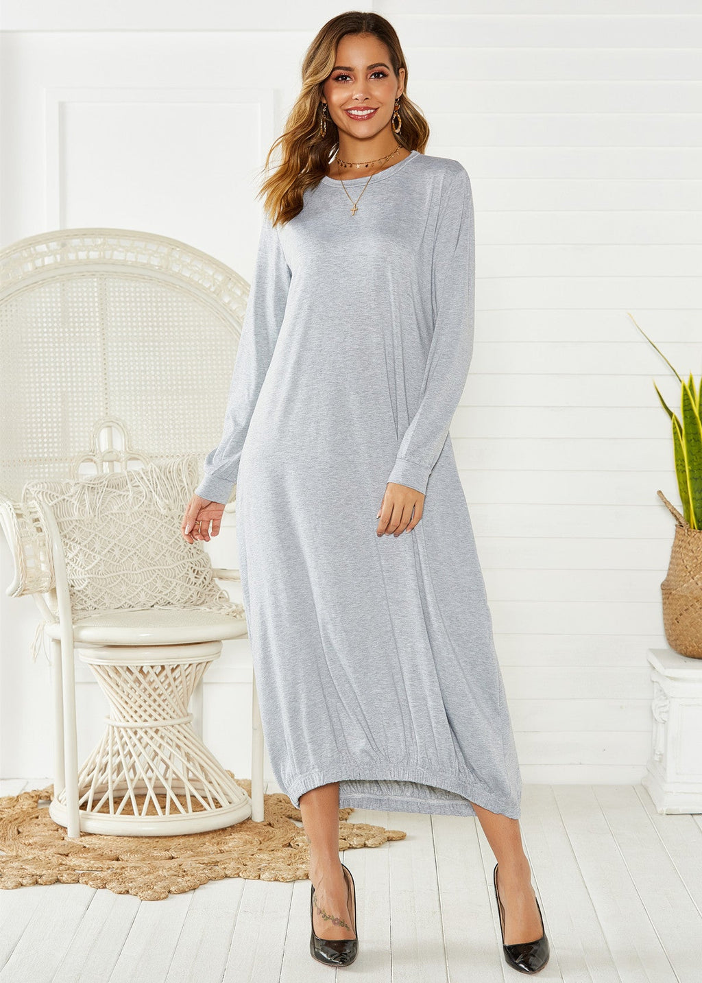 Lace-up Crew Neck Loose Long Dress