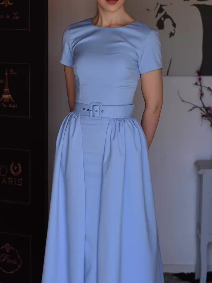 Light Blue Elegant Short-sleeved Belt Dress Two-piece Set