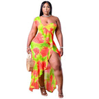 Women's Summer New Arrival One-Shoulder Irregular Printed Ruffle Hem Plus-Size Dress