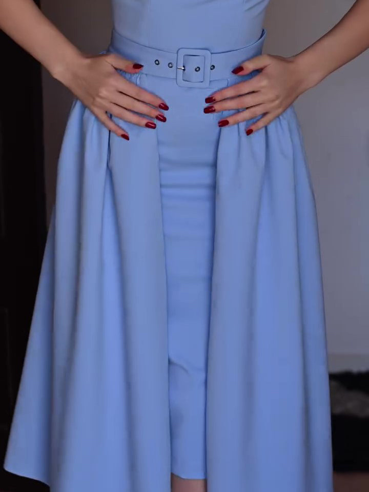 Light Blue Elegant Short-sleeved Belt Dress Two-piece Set