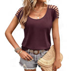 European And American-style Short-sleeve Knitted Top With Openwork