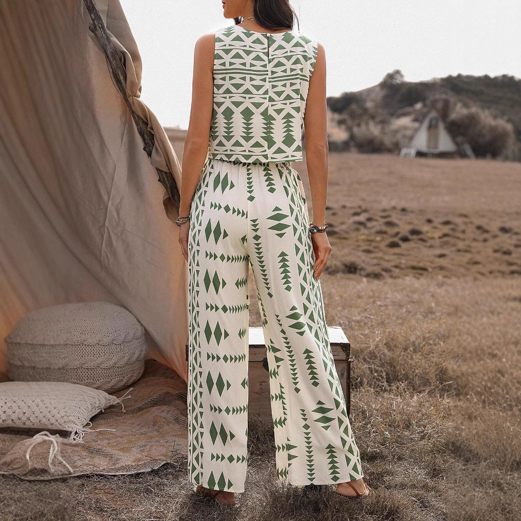 Women's Sleeveless Printed Pants Fashionable Two-Piece Set