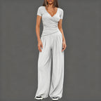 2 Pieces Women's V Neck Short-sleeve Sportswear Top And Wide-leg Pants Set Casual Comfortable Outfit Set For Daily Wear Gym Sports Outfit