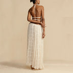 2pcs Women's Dress Suit Sexy Sleeveless Backless Cropped Halter Top And Pleated Long Skirt Beach Clothing
