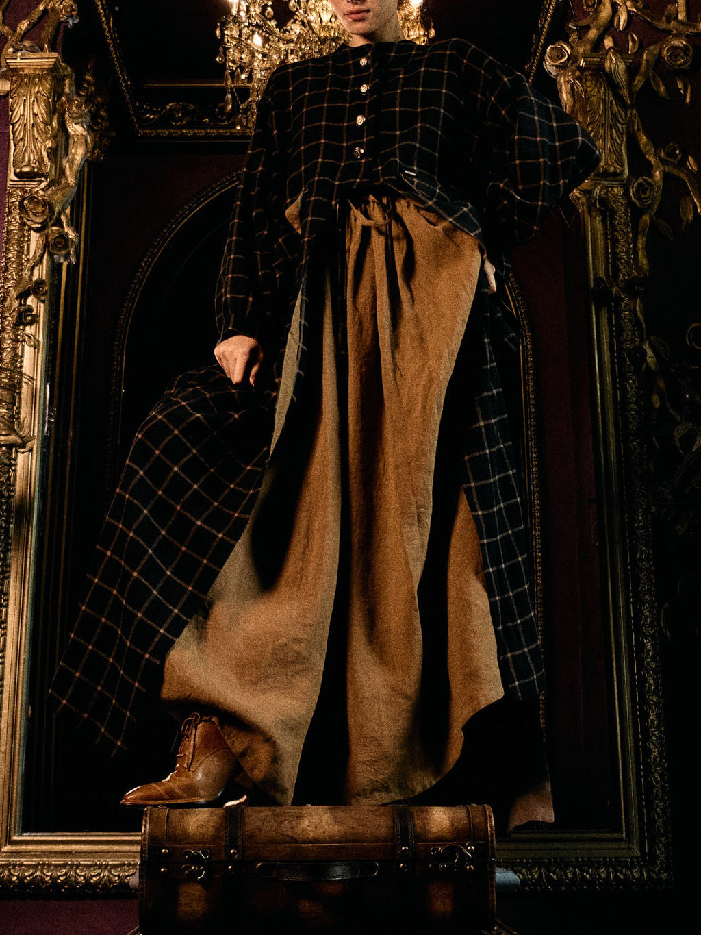 Navy Red Plaid Long Coat With Red Maxi Swing Dress Set