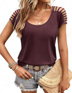 European And American-style Short-sleeve Knitted Top With Openwork