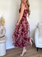 Elegant Floral Ruffled Suspender Dress