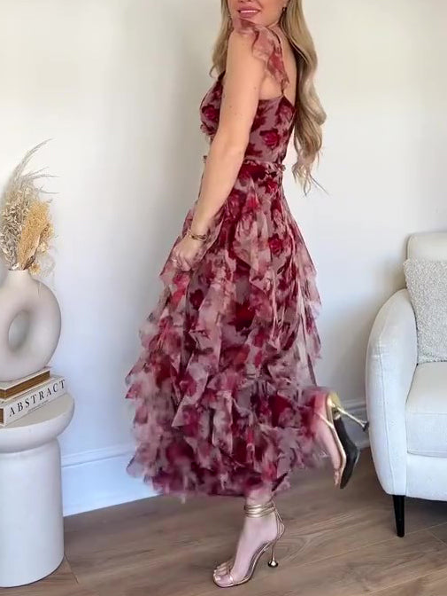 Elegant Floral Ruffled Suspender Dress