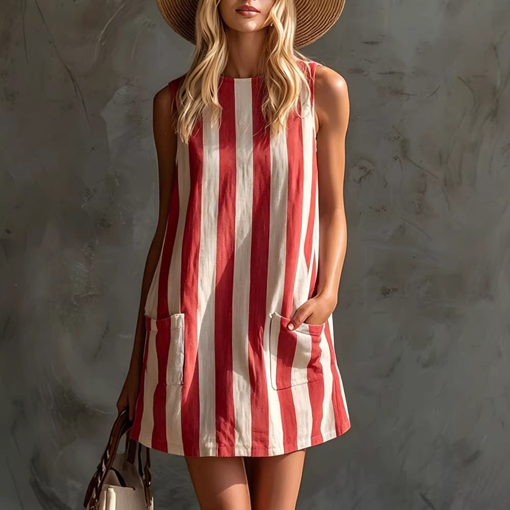 Women's Retro Striped Sleeveless Crew-Neck Cotton-Linen Mini Dress