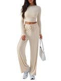 Women’s Wide-Leg Trousers & Waist-Tight Top Set – Solid Color Casual Fashion Suit