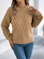 Women Casual Solid Color V-Neck Hollow Out Lantern Sleeve Pullover Sweater