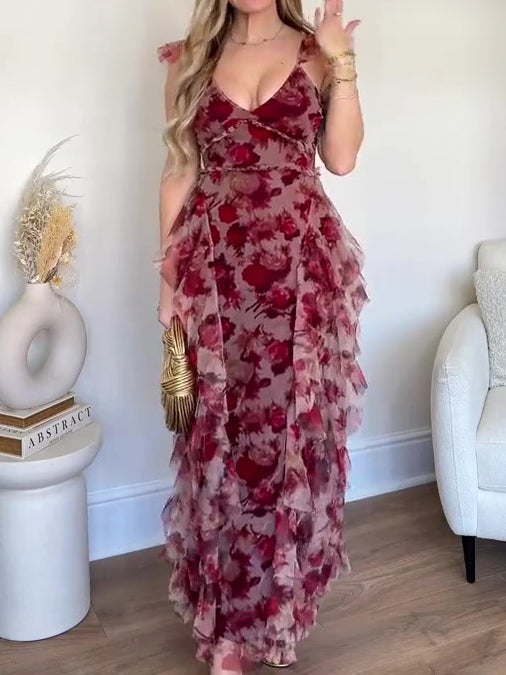 Elegant Floral Ruffled Suspender Dress