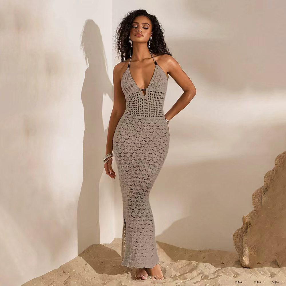 V-neck Knitted Cutout Beach Dress Bikini Swimsuit One-piece Dress