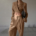 Long-sleeve Cropped Blazer And High-waist Casual Wide-leg Pants Set