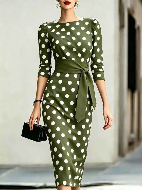 Retro Polka-dot Navy Blue Belted Waist-hugging Elegant Dress