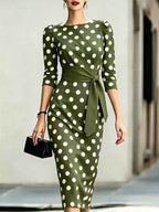 Retro Polka-dot Navy Blue Belted Waist-hugging Elegant Dress