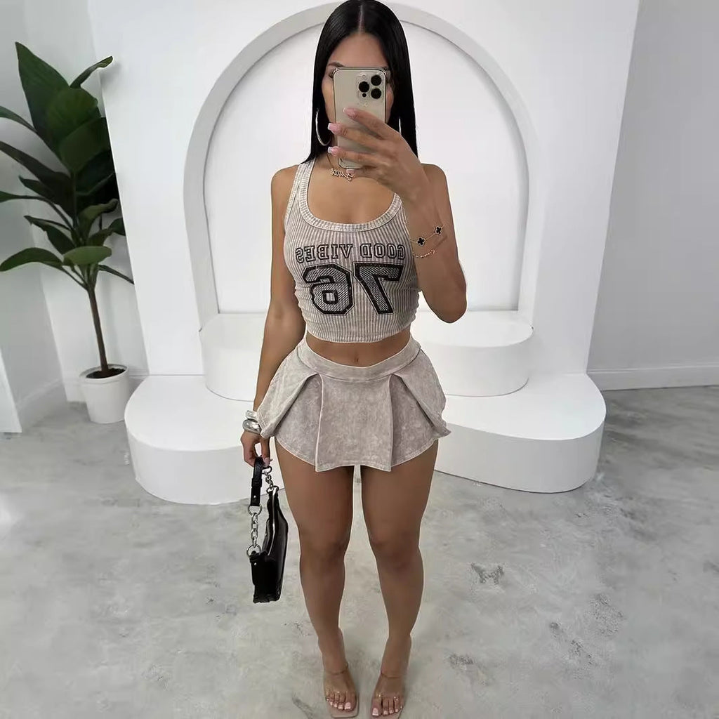 Letter-printed Fitted Short Top And Pleated Short Skirt Set
